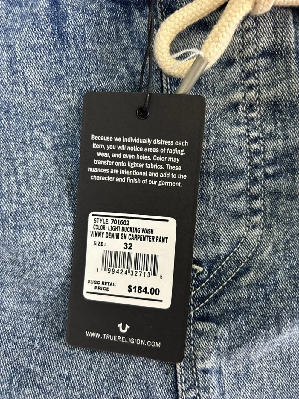 True Religion Vinny Carpenter Jeans Men 32 Light Bucking Wash NWT